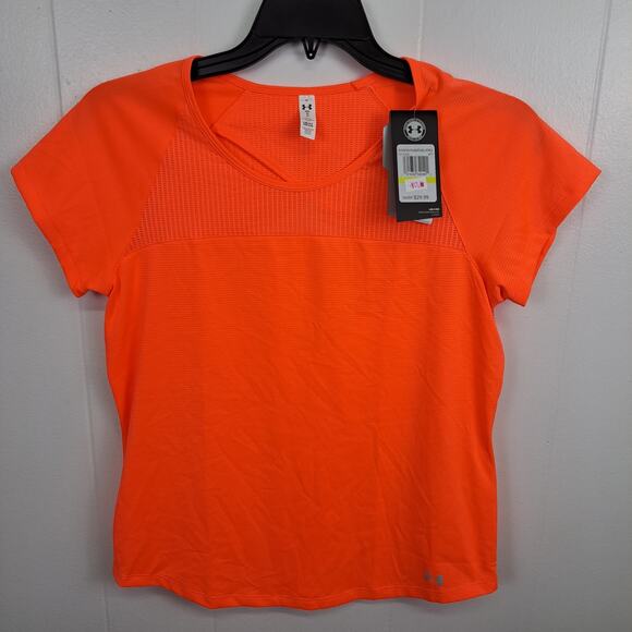 Under Armour HeatGear Shirt Women’s M Orange Fitted Mesh Back‎ Cutout NWT - Picture 1 of 10